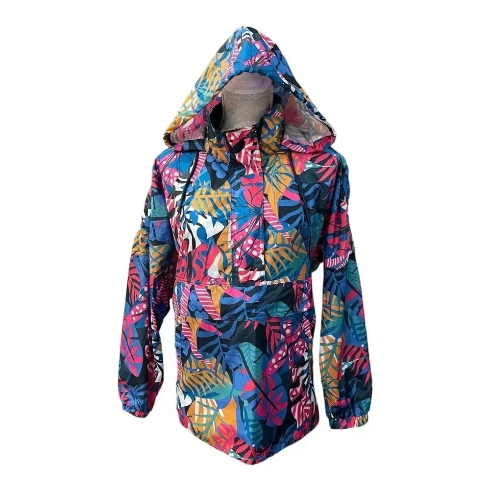 Lauren James Tropical Leaf Wind Breaker Rain Light Hooded Jacket Women’s Size M - Picture 1 of 14